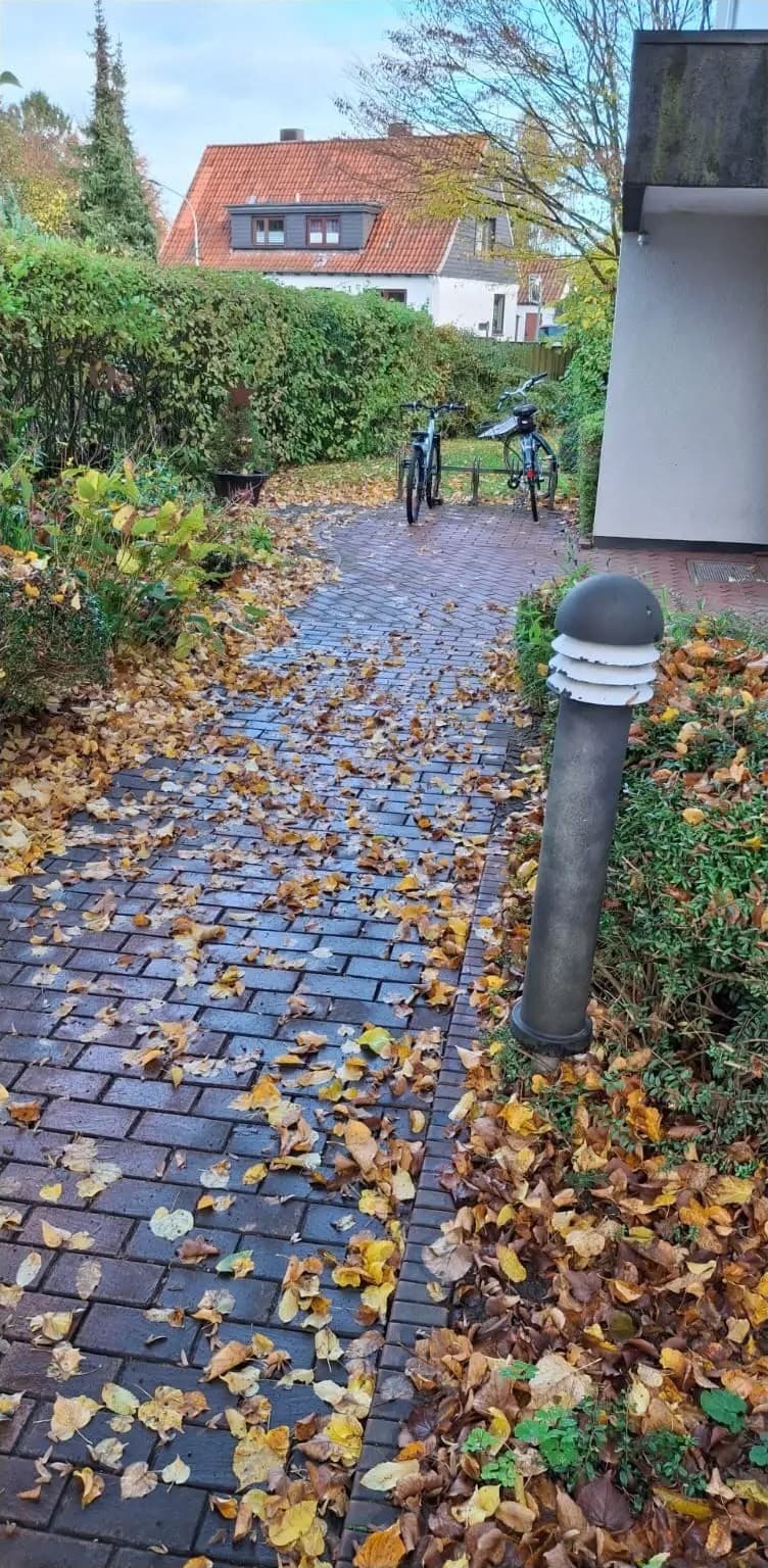 Vorher: Klinkerweg zu einem Fahrradständer, bedeckt mit nassem Herbstlaub