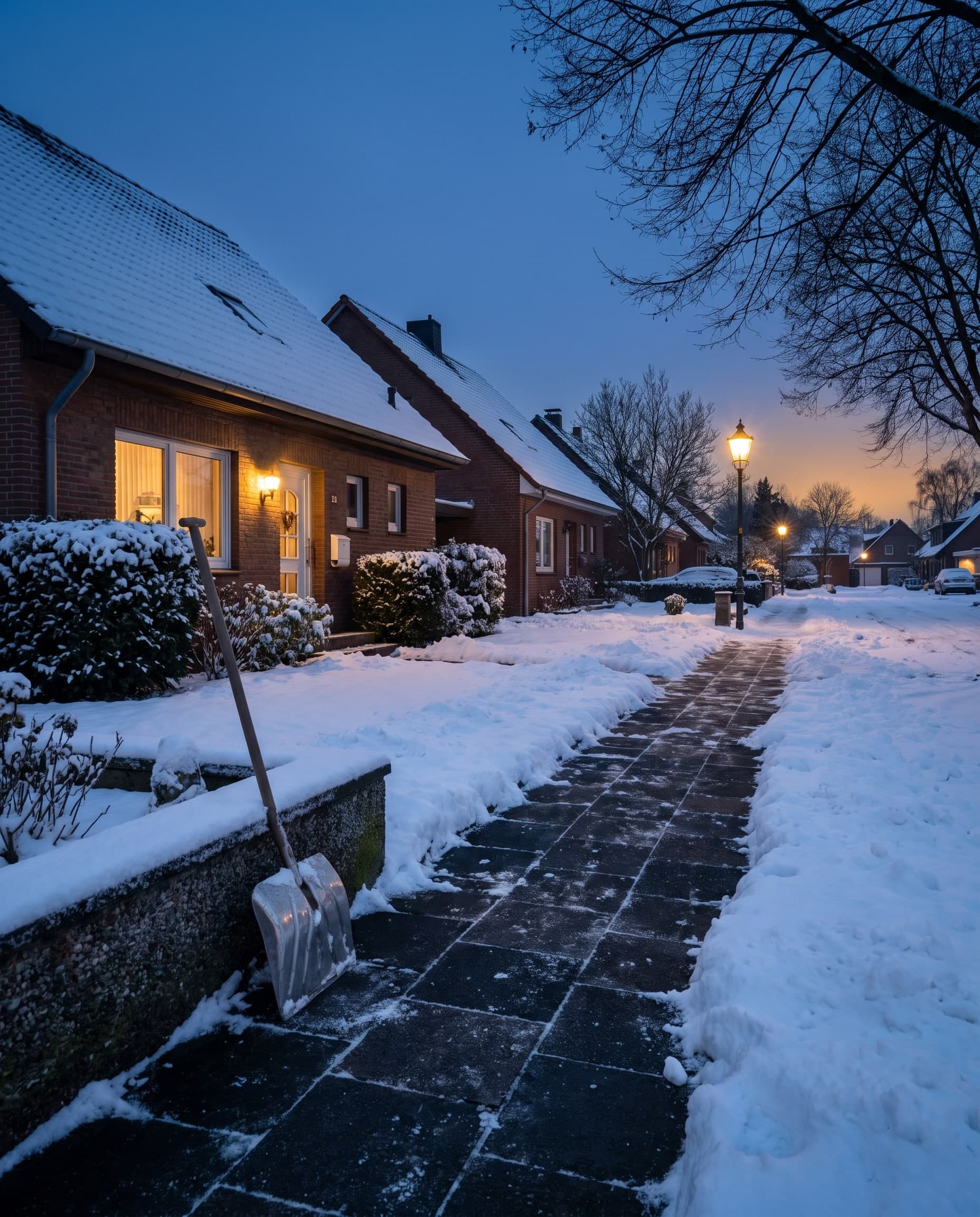 Beispielbild: frisch von Hand geräumter Gehweg vor einem Reihenhaus in der Abenddämmerung, Schneeschaufel an der Gartenmauer